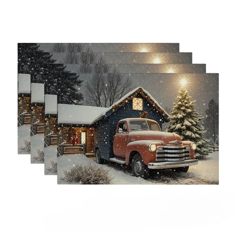 Christmas Ball Pine Cone Ribbon Snowflake Glitter Print Rectangular Placemats Set  Holiday Dining Table Decor Mats 4PC 6PC 8PC
