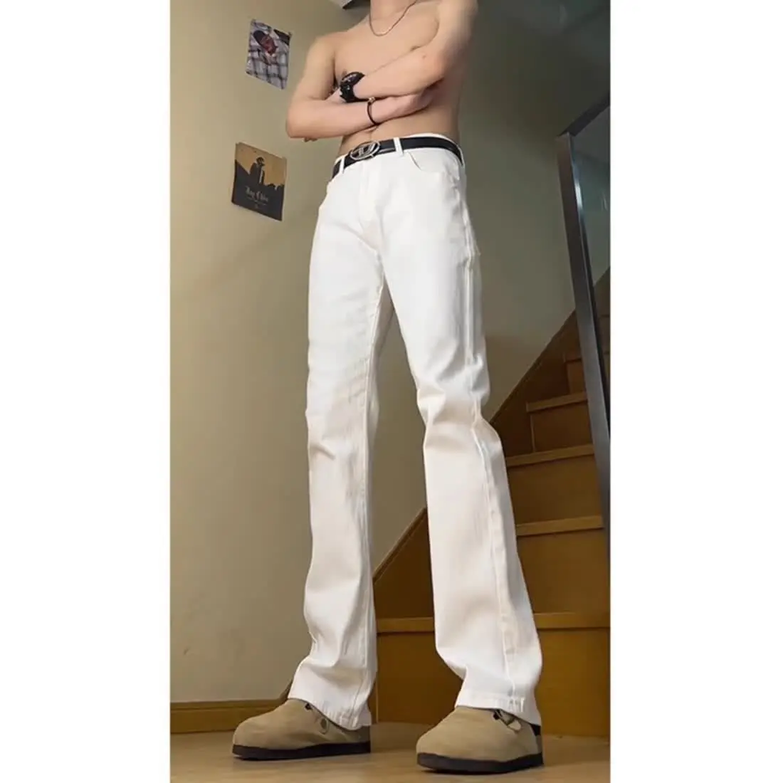 Masculino puro branco fino ajuste pequeno jeans retos estilo americano cintura alta negócios queimado calças roupas masculinas streetwear
