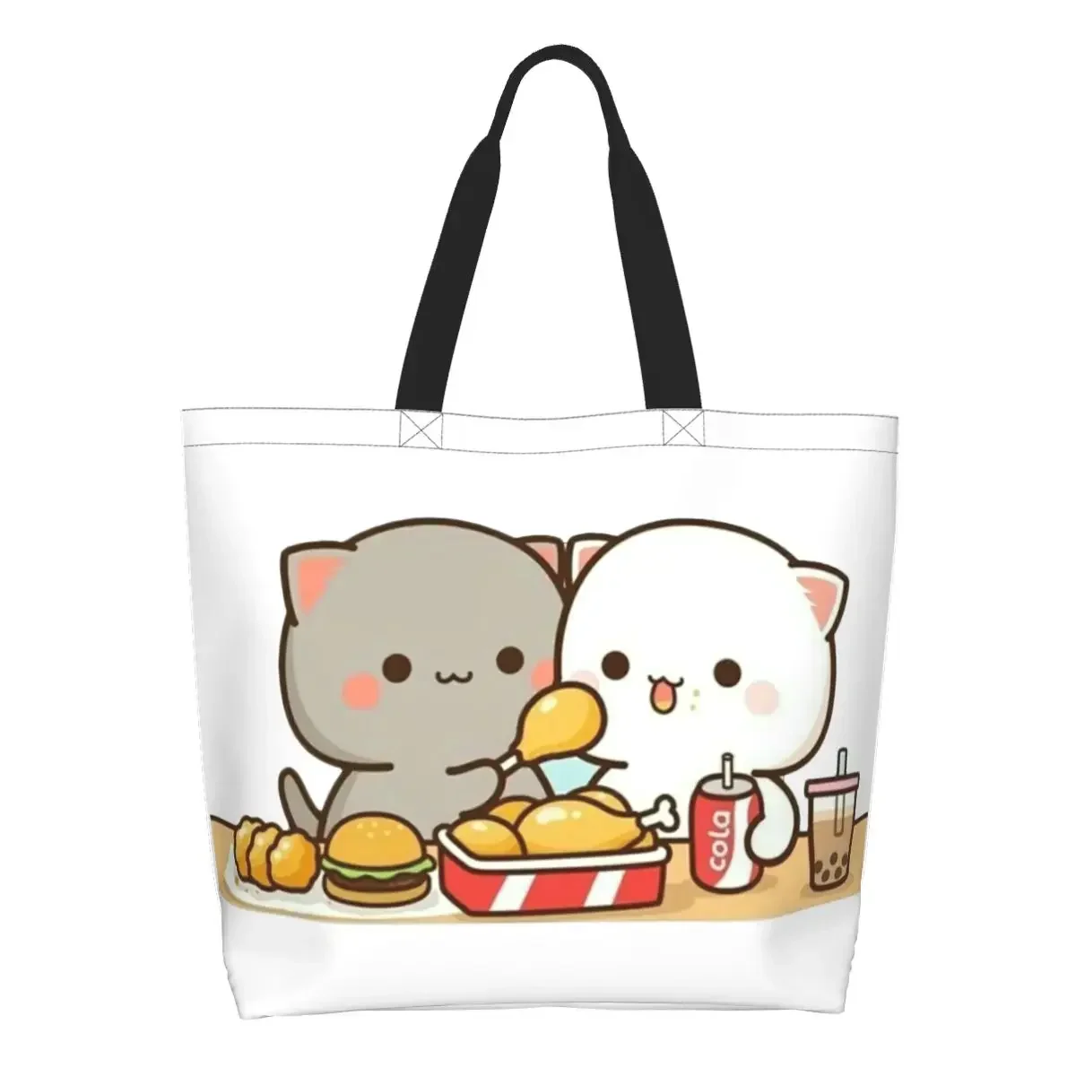 Peach And Goma Mochi Cat Grocery Shopping Bags Funny Printing Canvas Shopper Tote Shoulder Bag Big Capacity Washable Handbag