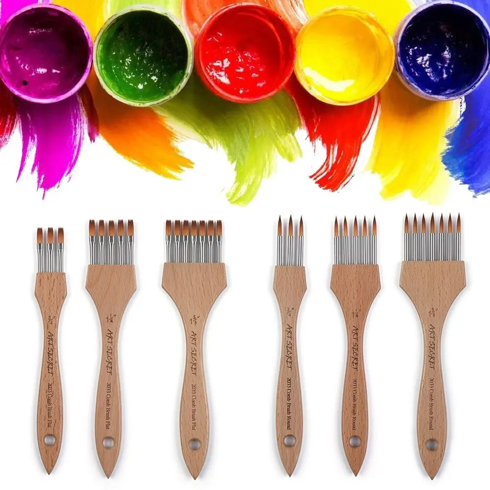 Round/Flat Multi-Tooth Comb Brush Bamboo Handle Nylon Wool Watercolor Brush Painting Supplies Art Stationery Acrylic Paint Brush