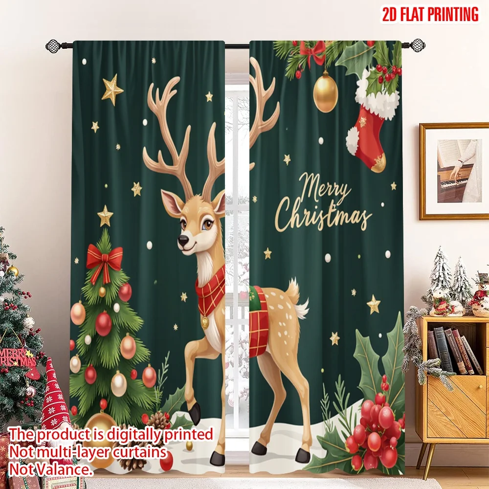 

2pcs 2D flat printing Christmas Window Curtains Christmas Deer Festive Ornament Polyester Fabric Without Electricity 0 for