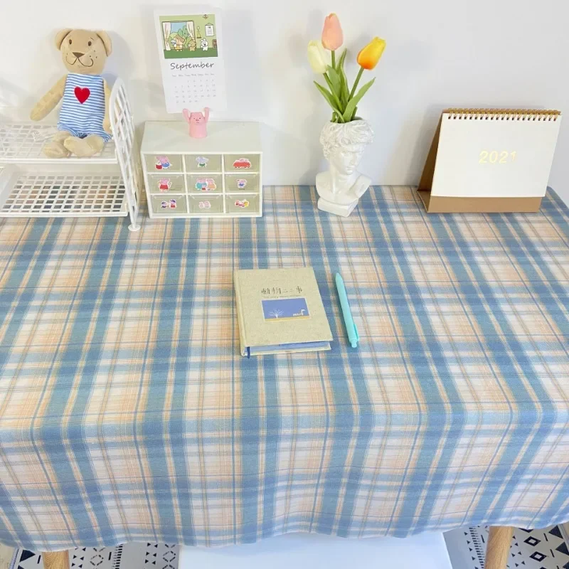 INS Plaid Table Cloth Japanese Fresh Checkered Tablecloth Bedroom Dormitory Dressing Table Mat Rectangular Desk Decor