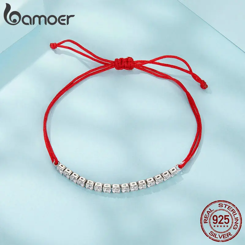 BAMOER 925 Sterling Silver Lucky Red Rope Bracelet Shiny Zircon Tennis Bracelet for Women Fine Jewelry Gift