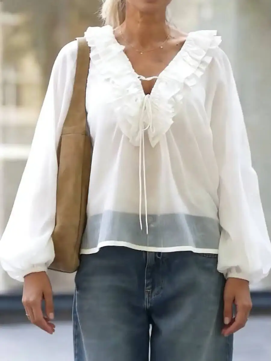 

Женская блузка с рюшами и завязками на шее, шифоновая, стандартного кроя, элегантная, весенне-летняя, шикарная, повседневная, легкая