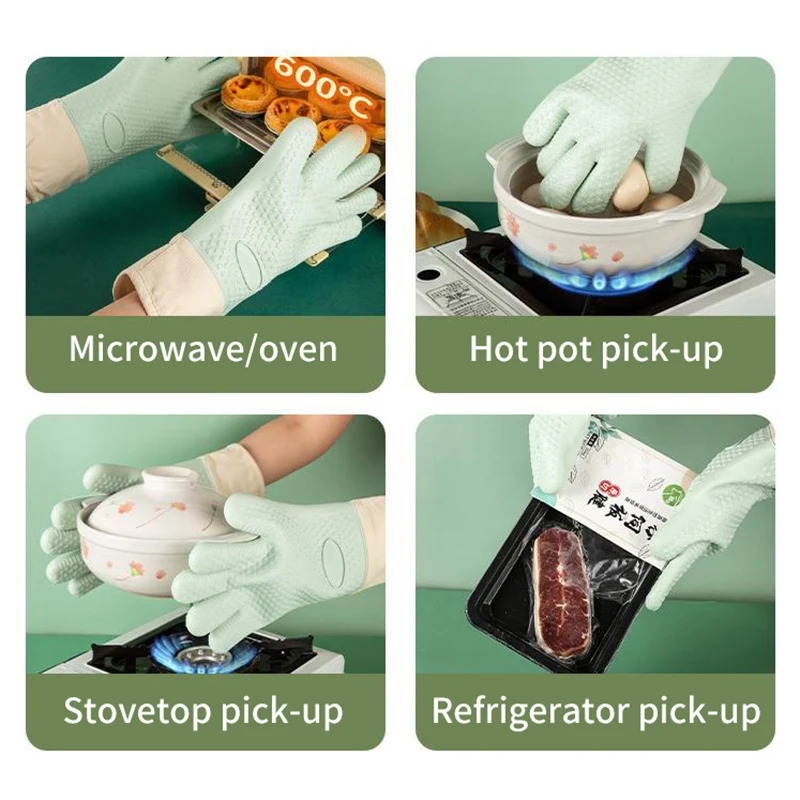 1 Pair BBQ Gloves Silicone Heat-Resistant Glove Kitchen Microwave Oven Mitts Fireproof And Non-Slip Barbecue Gloves