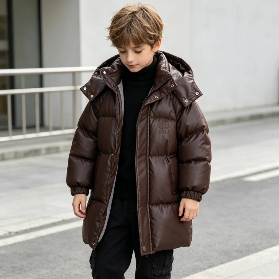 Kids Long Puffer Coat Thick Fleece Lining Hooded Winter Jacket Boys Girls Warm Quilted Outerwear Windproof Waterproof Snowsuit