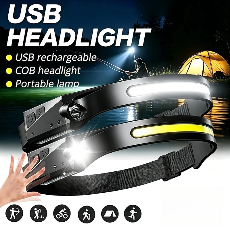 Linterna frontal LED superbrillante con sensor de inducción y recarga USB