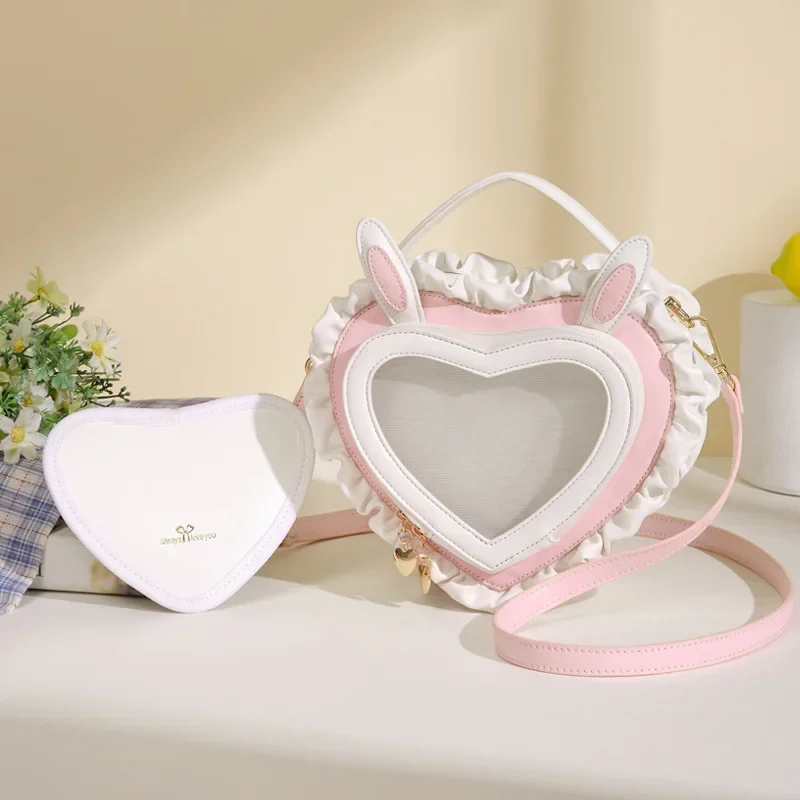 Lolita Ita Bolsos Mujer Sweet Cute Lace Hand Bag Rabbit Ear Peach Heart Pain Shoulder Bags Transparent Sac Femme New Bolso