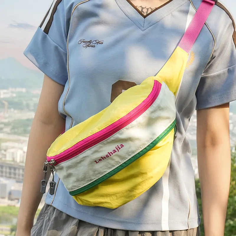 New Summer Waterproof Nylon Dopamine Outdoor Sports Waist Bag With Contrasting Color Crossbody Bag For Both Men And Women