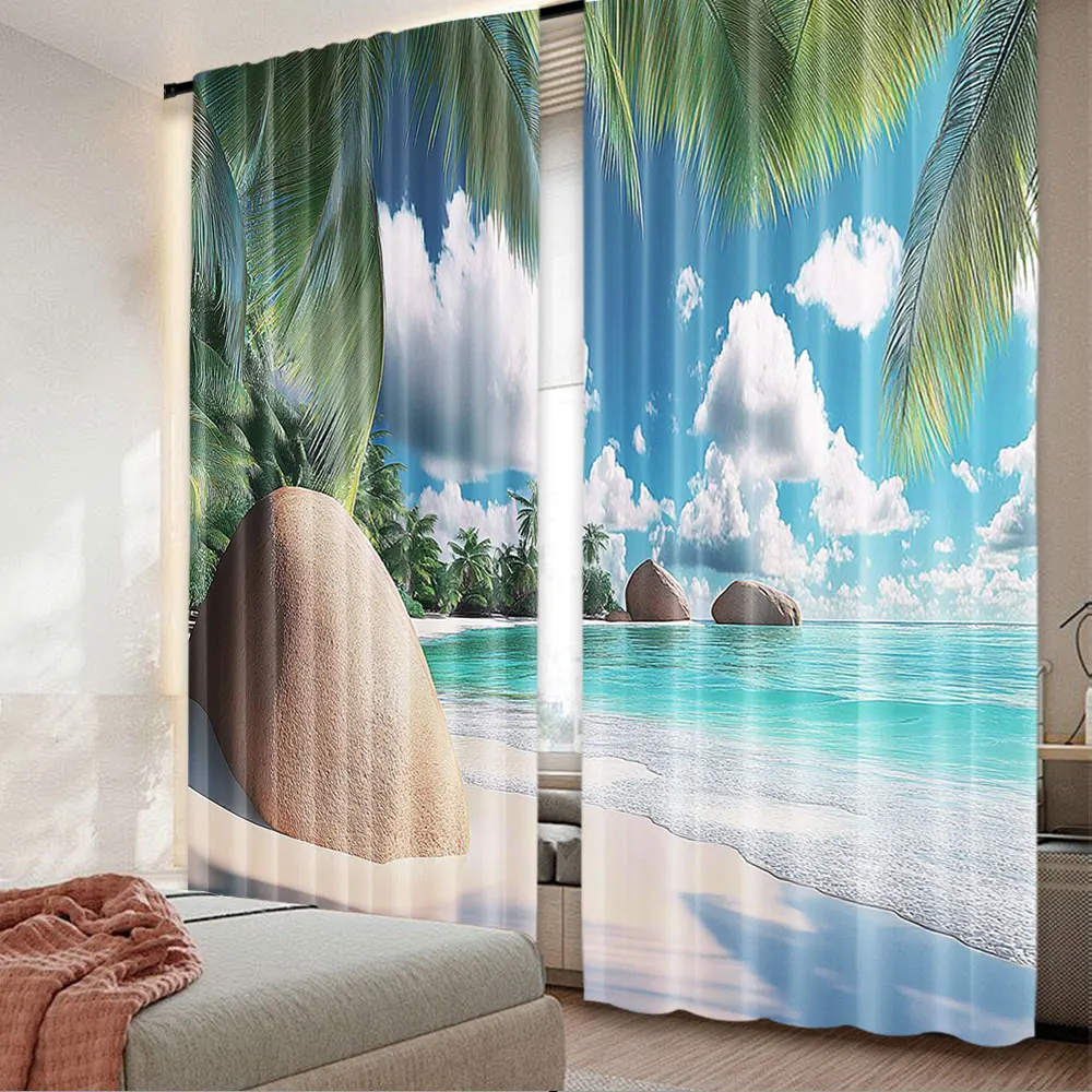 2Pcs Beach Curtain Green Palm Trees Clear Blue Water Sandy Exotic Seashore Rocks Modern Simplistic Drapes