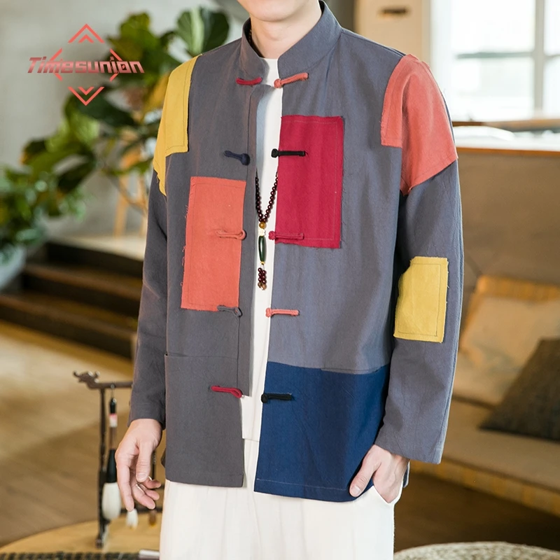 

Spring Autumn Jackets for Man Chinese Style Cotton Linen Men's Jackets Fashion Stitching Distressed Tang Suit Hanfu Coat