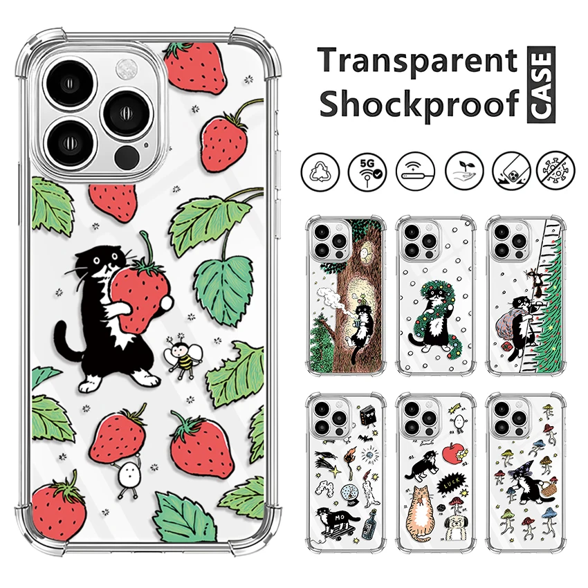 Strawberry Cute Little Black Cat Phone Case For iPhone 16 15 14 13 12 11 Pro X XS XR Max 7 8 Plus SE Mini Soft Clear TPU Cover