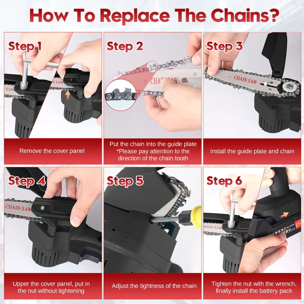 Powsawer 6 Inch Cordless Electric Chainsaw Mini Chain Saw with 2 Batteries Toolbox Handheld For Makita Wood Cutting Garden Tree