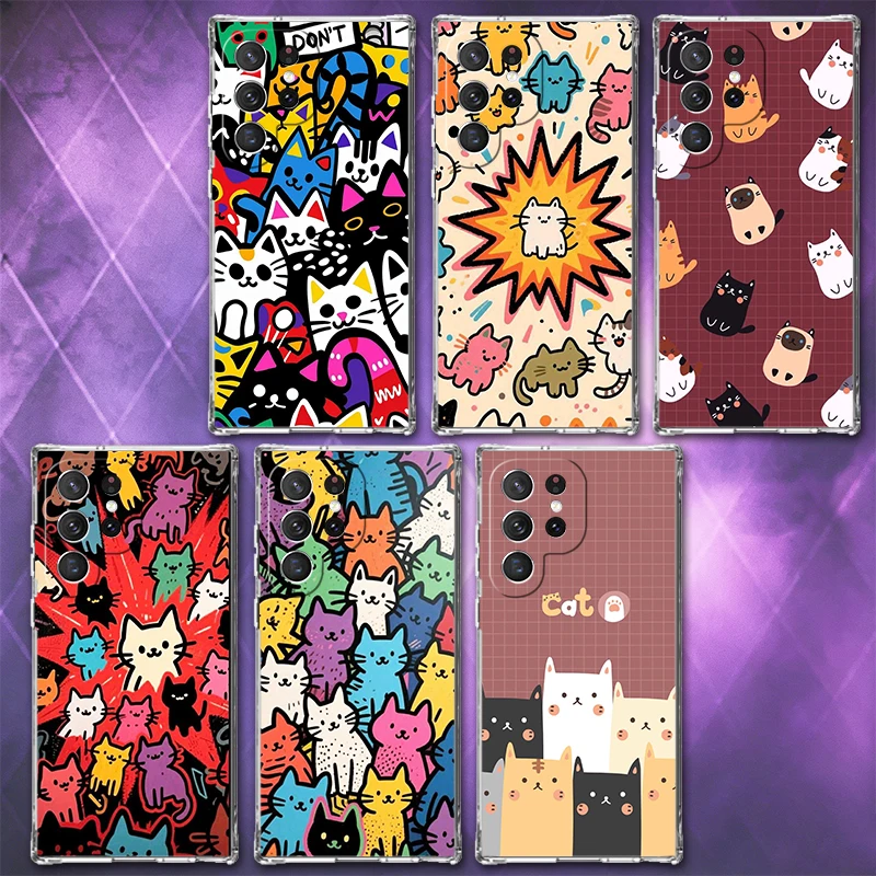 Cartoon Cute Cats Theme Soft Phone Case For Samsung Galaxy S26 S25 Edge S24 S23 Ultra S21 S20 FE S22 Plus + Pattern Back Cover
