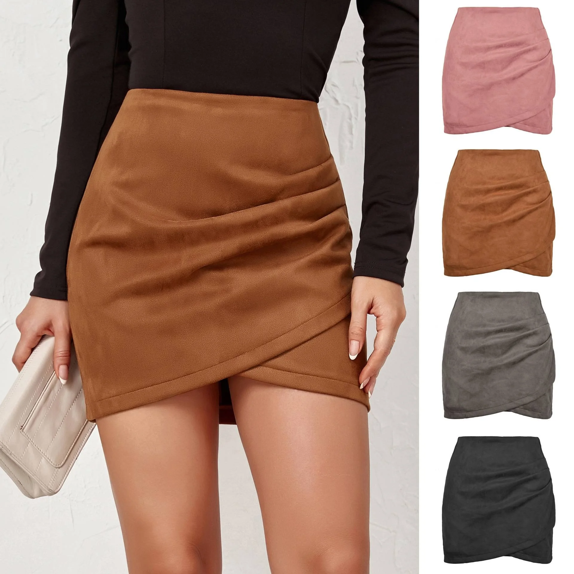 New Suede Pure Color Wrap around  Skirt Autumn Winter Asymmetrical Zipper Short Skirt Women's Fashion Commute Style