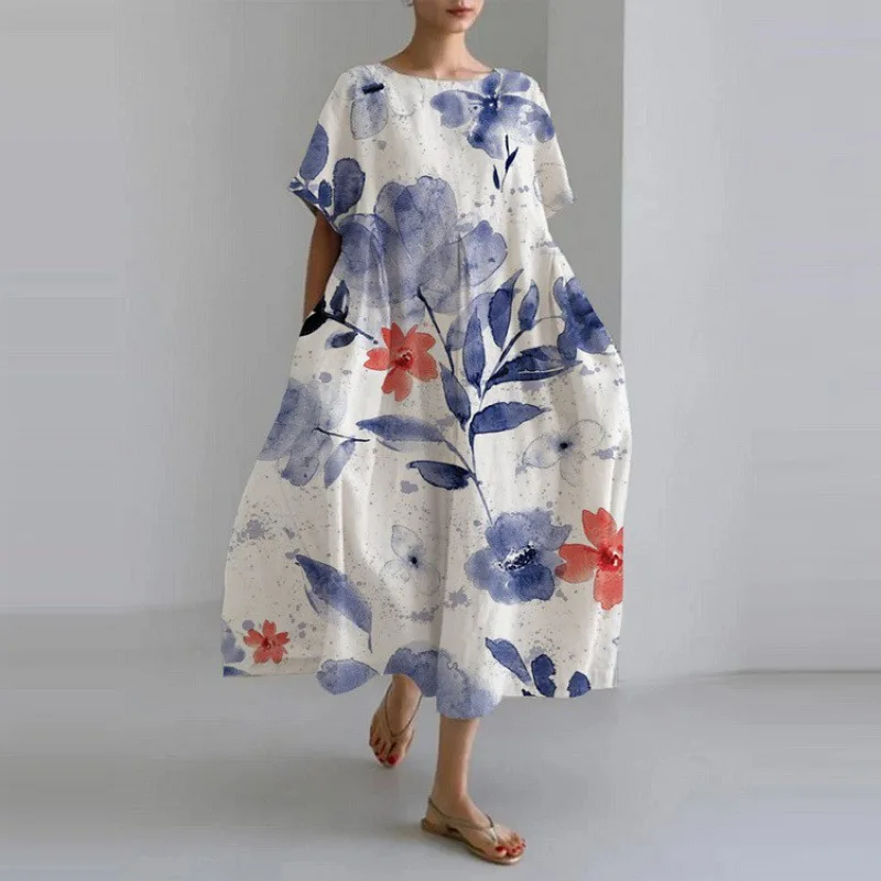 Fashion Lady Short Sleeve Big Swing Loose Maxi Dress Retro Women Flower Printing Pocket Dress O Neck Party Dressess Elegant Robe