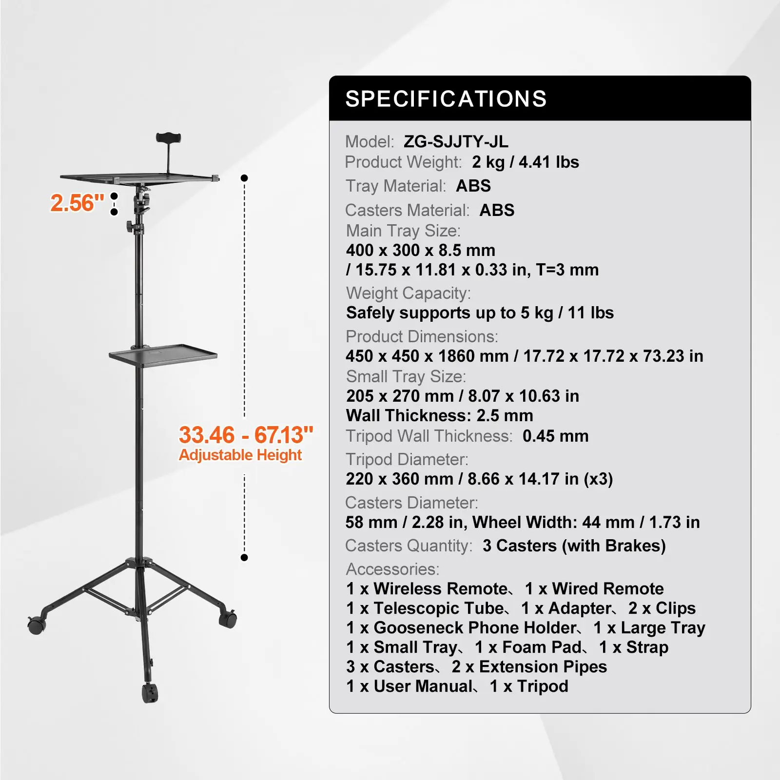 Projector Stand with Wheels, Laptop Stand Tripod Adjustable Height from 31.3 to 67.3", Projector Tripod Stand with 2 Trays & Gooseneck Phone Holder, for Outdoor Movies, Home, Office or Studio