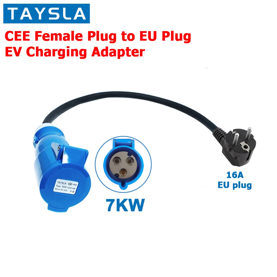 TAYSLA EV Portable Charger EU Plug To CEE Blue Power Female Plug Socket Adapter Blue CEE Connector 7KW 32A to 3.5KW 16A