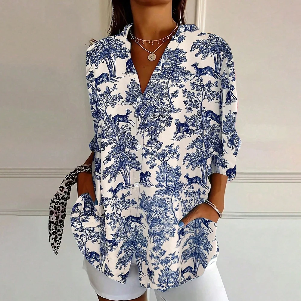 Plus Size Crushed Printed Buttons Casual Shirt Single Row Buttons Home Fashion Elegant Spring and Autumn Best Choice