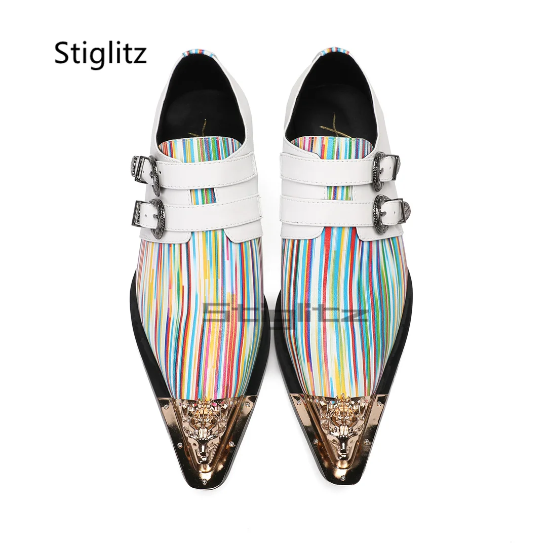Colorful Striped Prints Men's Leather Shoes Double Buckle Metal Pointed Toe Business Genuine Leather Black White Wedding Shoes