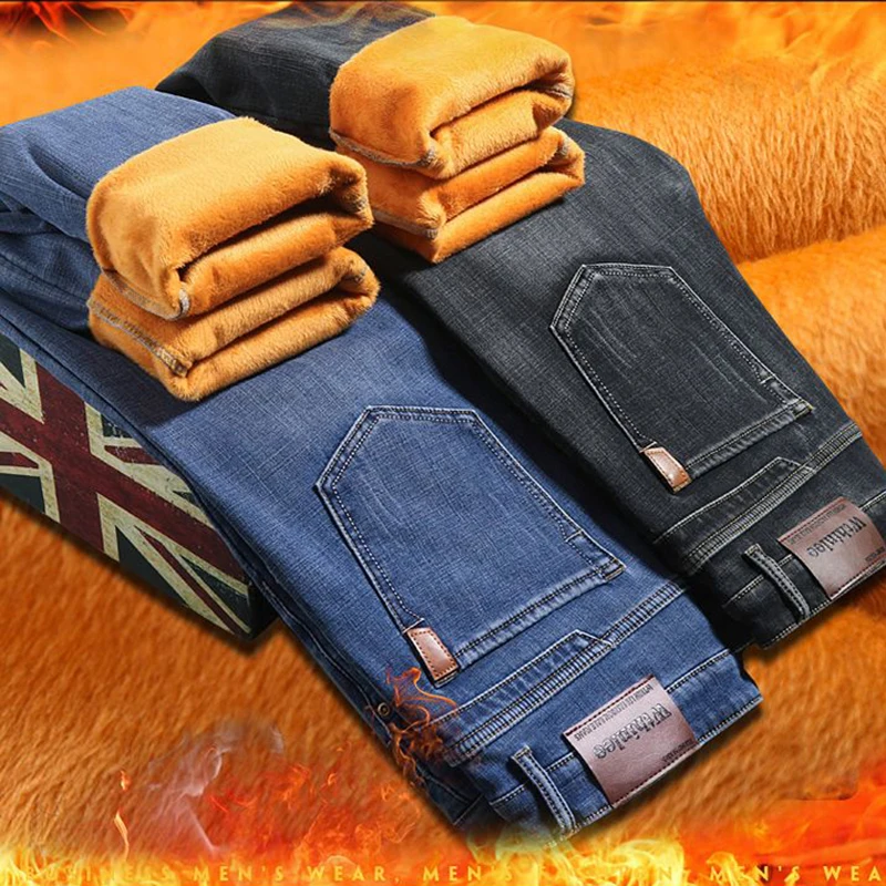 Pantalones vaqueros rectos sueltos de felpa cálidos para nieve de invierno para hombre, pantalones vaqueros gruesos con forro polar a la moda para hombre, pantalones casuales cómodos