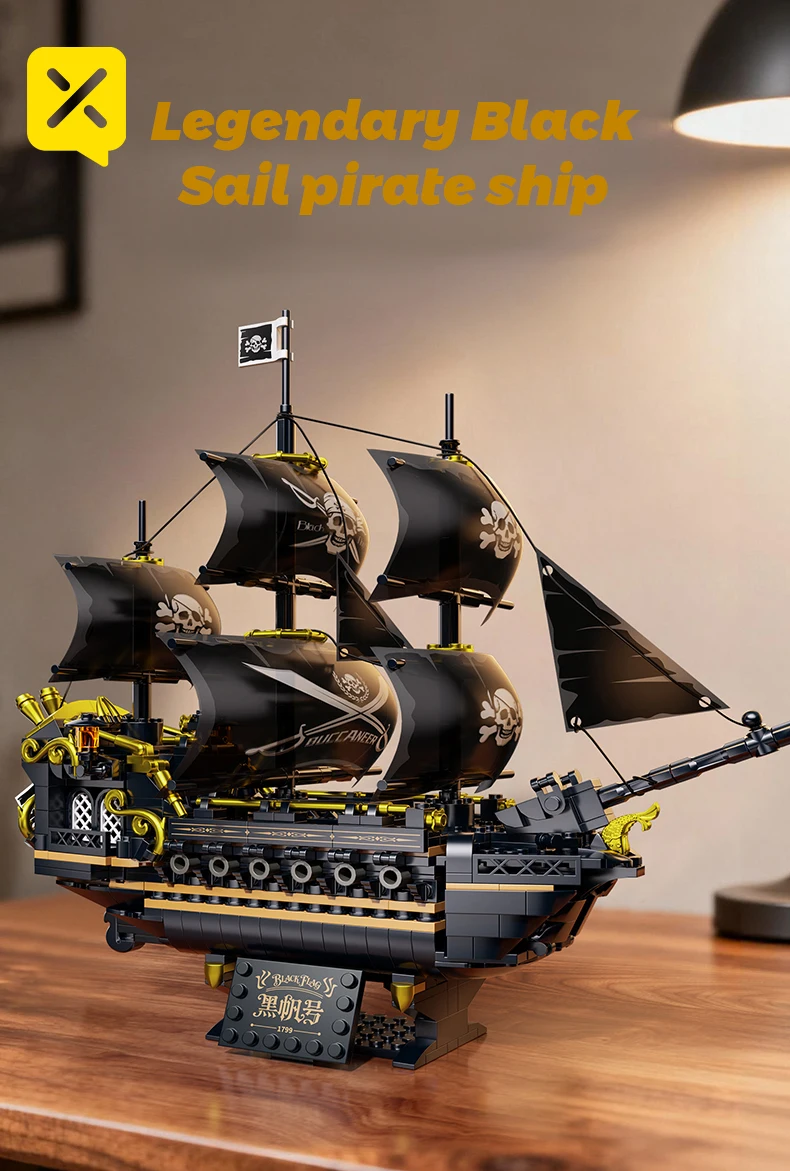 Schwarzes Segel Piratenschiff Bausteine 3-Masted Segelboot Ziegel Erwachsene Sammlerstück DIY Montage Modell Display Dekoration Spielzeug Geschenk – Detail 3