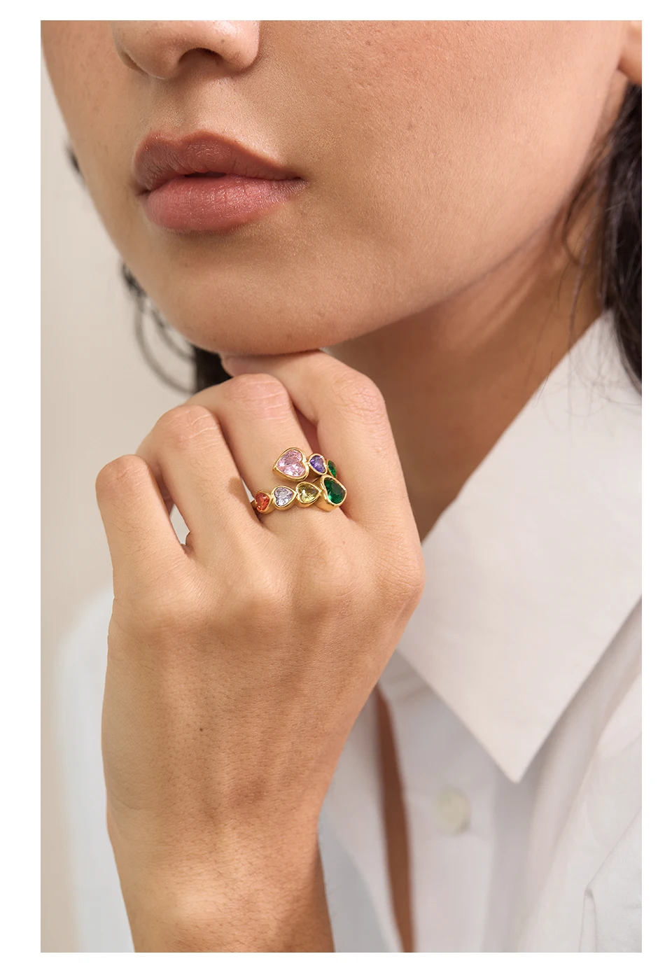 Yhpup Zarte Zirkonia Herz Edelstahl Gold Farbe Einstellbar Mode Offenen Ring Hohe Qualität Chic Charm Schmuck – Detail 7
