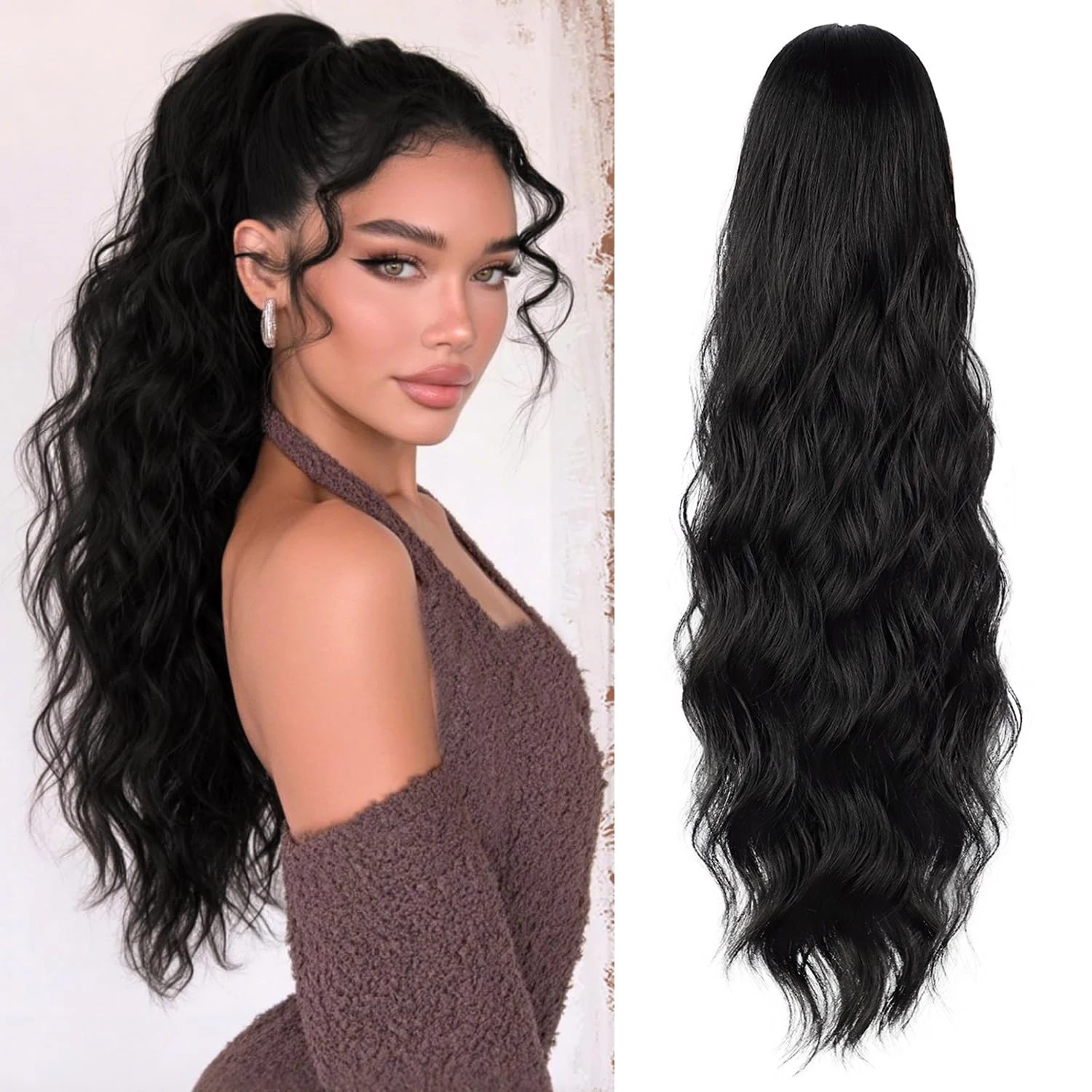 

Ponytail Extension, 18/26/30 Inch Long Wavy Drawstring Ponytail for Women Dark Brown Pony Tail Hair Extension Synthetic