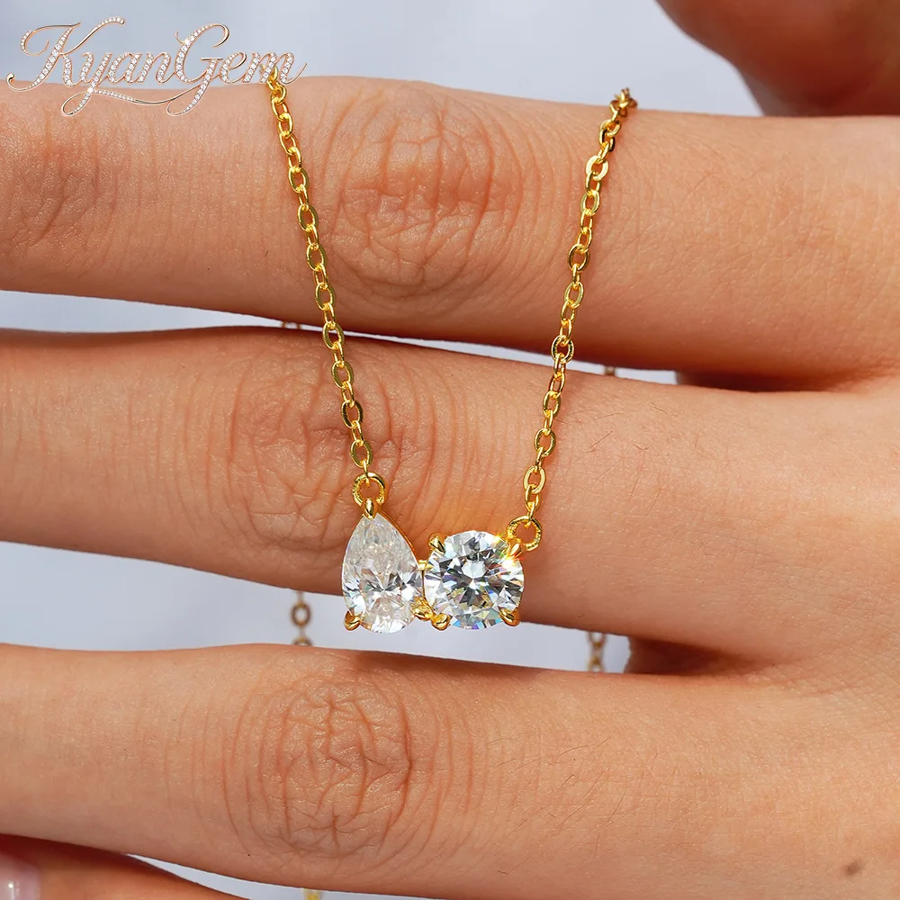 KyanGem 18K Gold Double-Pair Teardrop Round Pendant Women's 2 Carat Moissanite Necklace Christmas Charm Fine Jewelry Gift