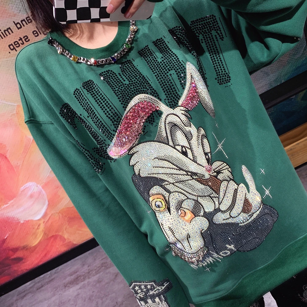 Imagem -02 - Diamante Colar O-pescoço Pullovers Topo Masculino Mulher Verde Hoodies Perfuração Quente dos Desenhos Animados Streetwear Manga Comprida Moletom Cor