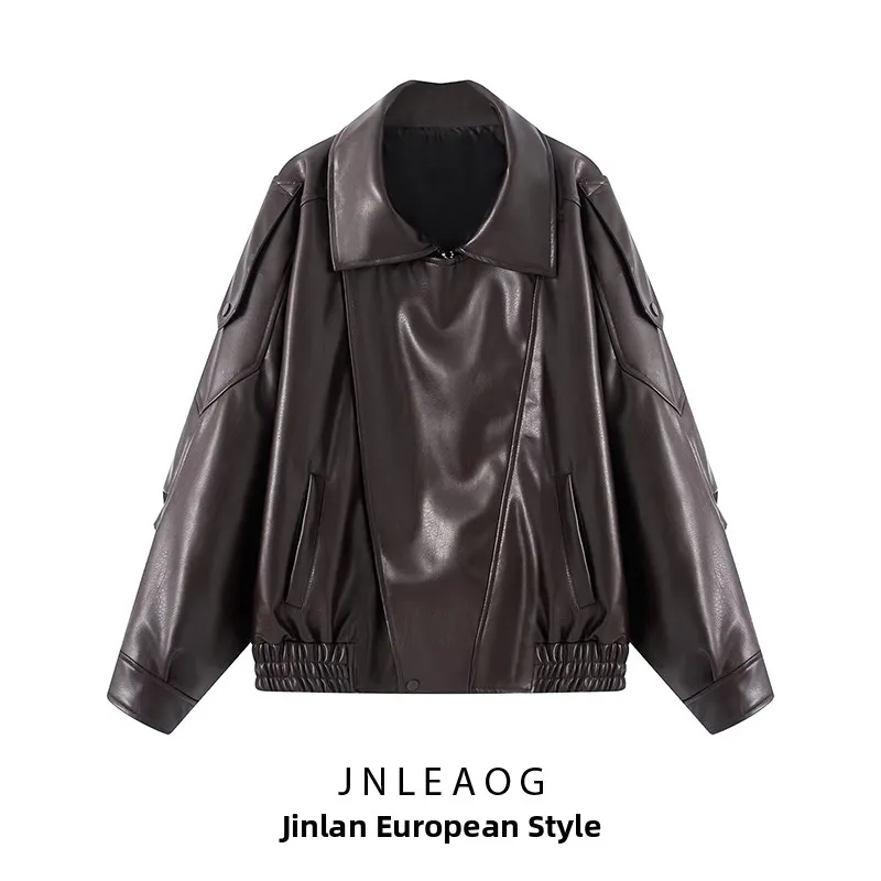 

JNLEAOG Women's Faionable Loose Leather Jaet Autumn New Sle Polyester Fabric Long Sve Zipper Closure Coat