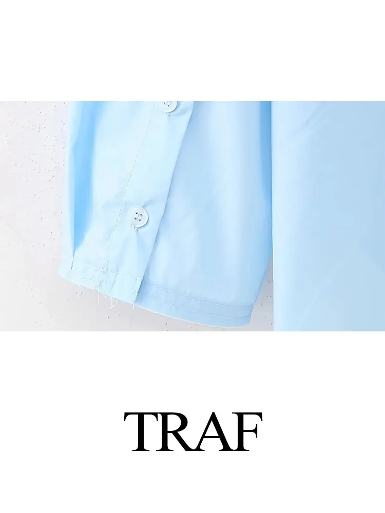 TRAF 2023 Autumn Women Fashion Blue Blouses Trend Lapel Jewelry Decoration Loose Shirt Woman Casual Streetwear Female Shirts