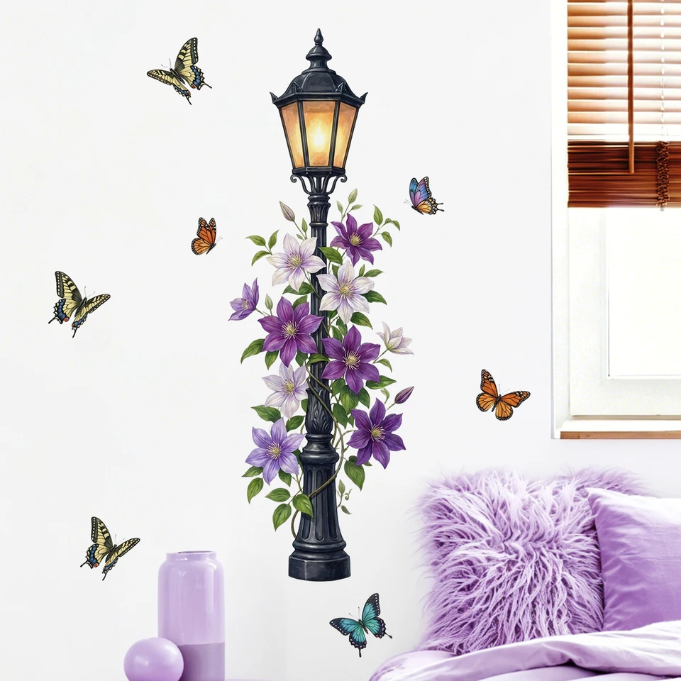 Vintage Street Lamp with Clematis & Butterflies Wall Decal, Floral Lantern Vinyl Sticker for Home Decor