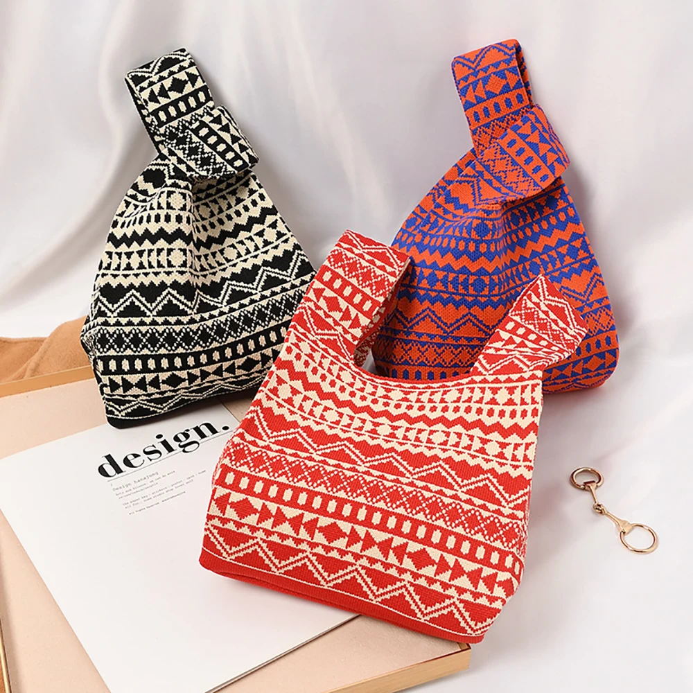 Handmade Knit Handbag Women Mini Knot Wrist-bag Female Casual Color Wide Stripe Plaid Tote Bag Student Reusable Shopping Bag