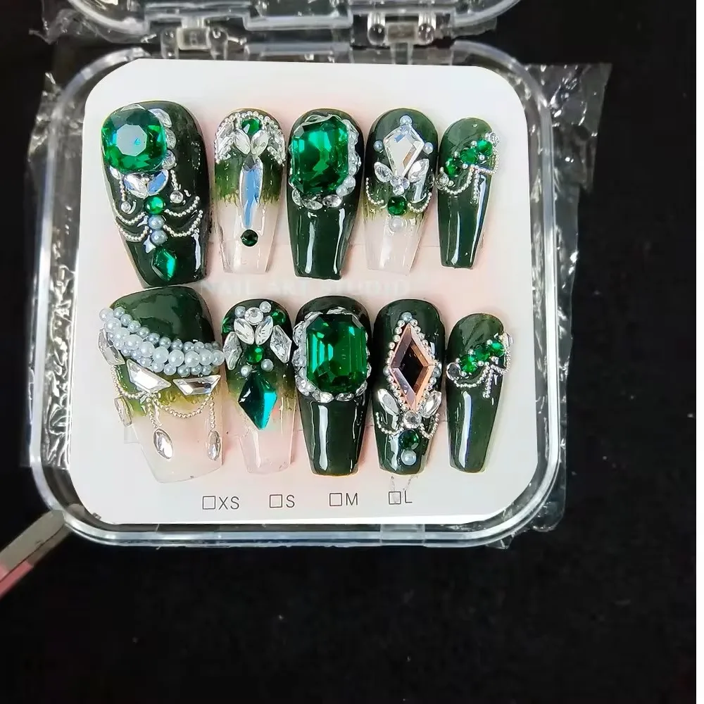 10Pcs High Quality Handmade Press on Nails Small Steel Bead Emerald Elegant and Poised Used for Chinese Style Festive Occasions