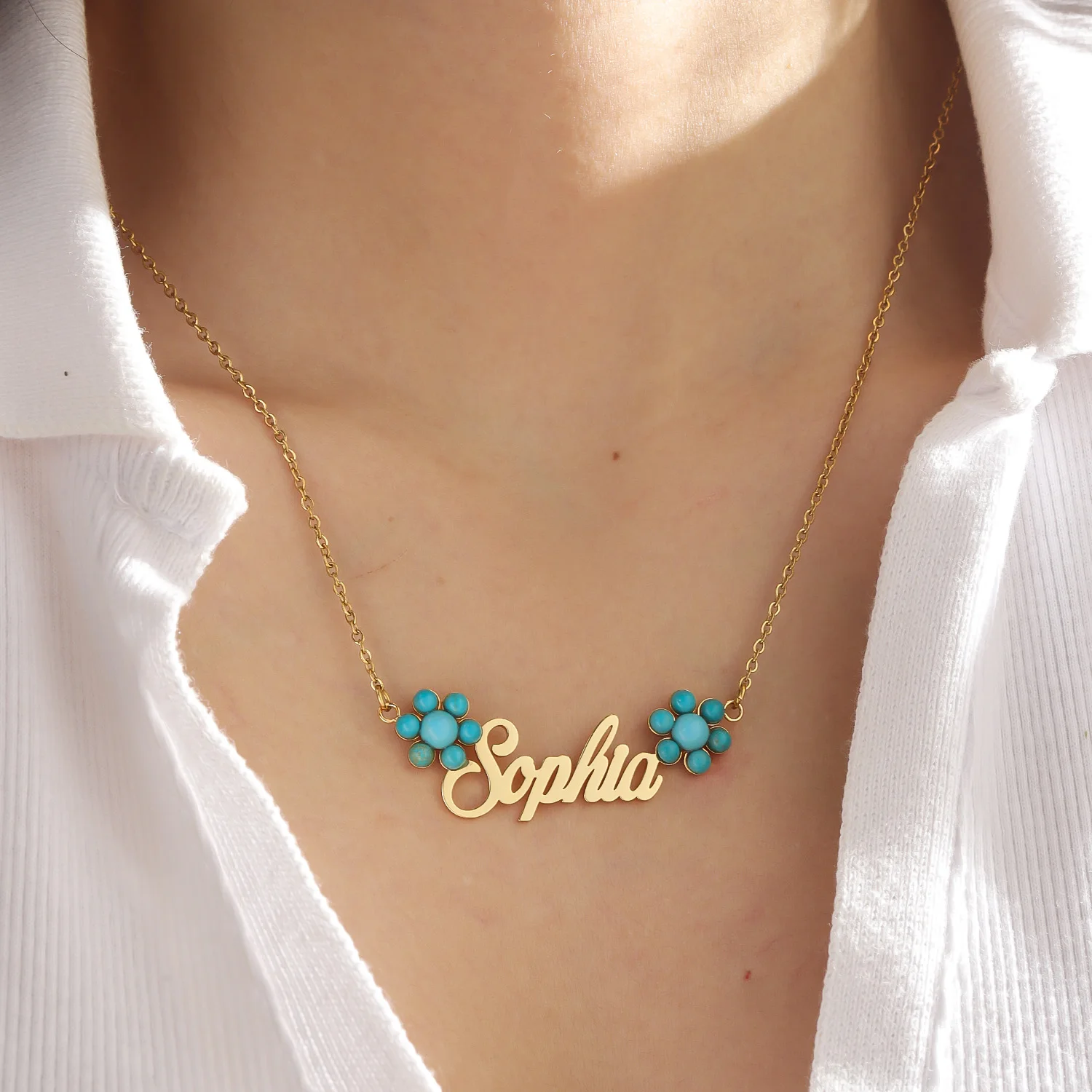 Custom Name Necklace Personalized Script Letter Pendant Faux Turquoise Flower Beads Dainty Jewelry Birthday Gift For Women Girls