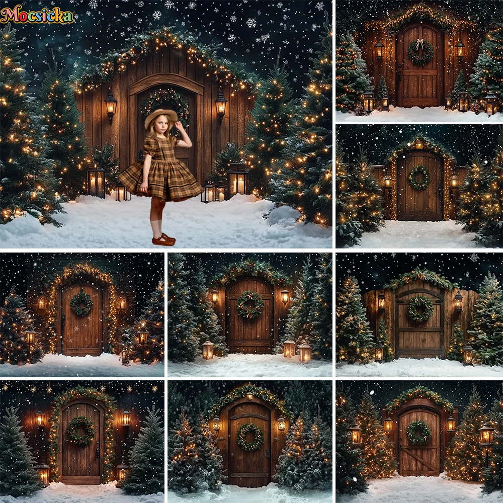 

Christmas Eve Photography Background Brown Barn Door Xmas Tree Wreath Lantern Snowy Backdrop Kids Winter Birthday Photo Studio