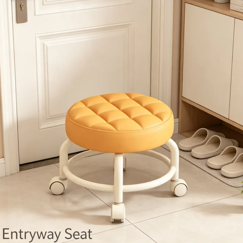 Round Rolling Stool With Quilted Cushion For Living Room Bedroom Entryway Extra Seating And Shoe Changing