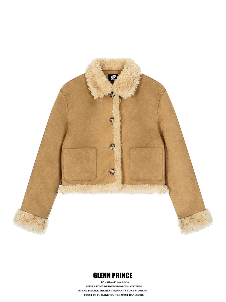 

Корейская утепленная короткая куртка из хлопка и замши для женщин, теплая винтажная верхняя одежда GPstudio, осень-зима, кожа и мех