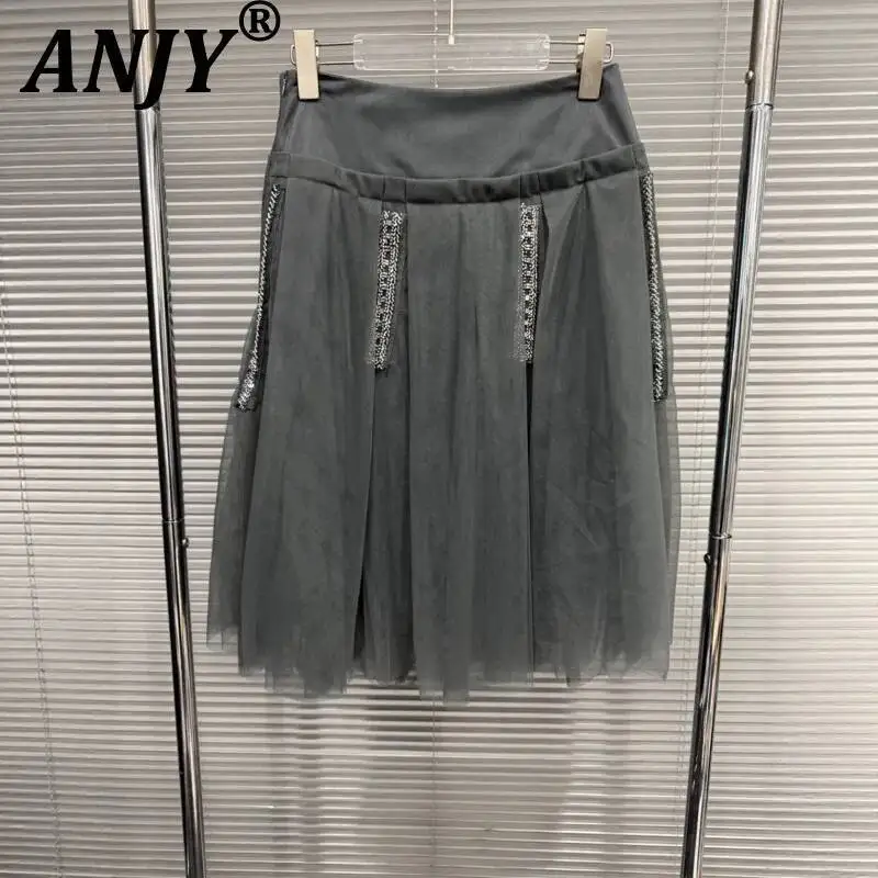 ANJY Summer New Women Dark Style Elegant Fashion Diamonds Mesh Patchwork A-Line Skirt Trend Casual High Street Ins Skirts A23802