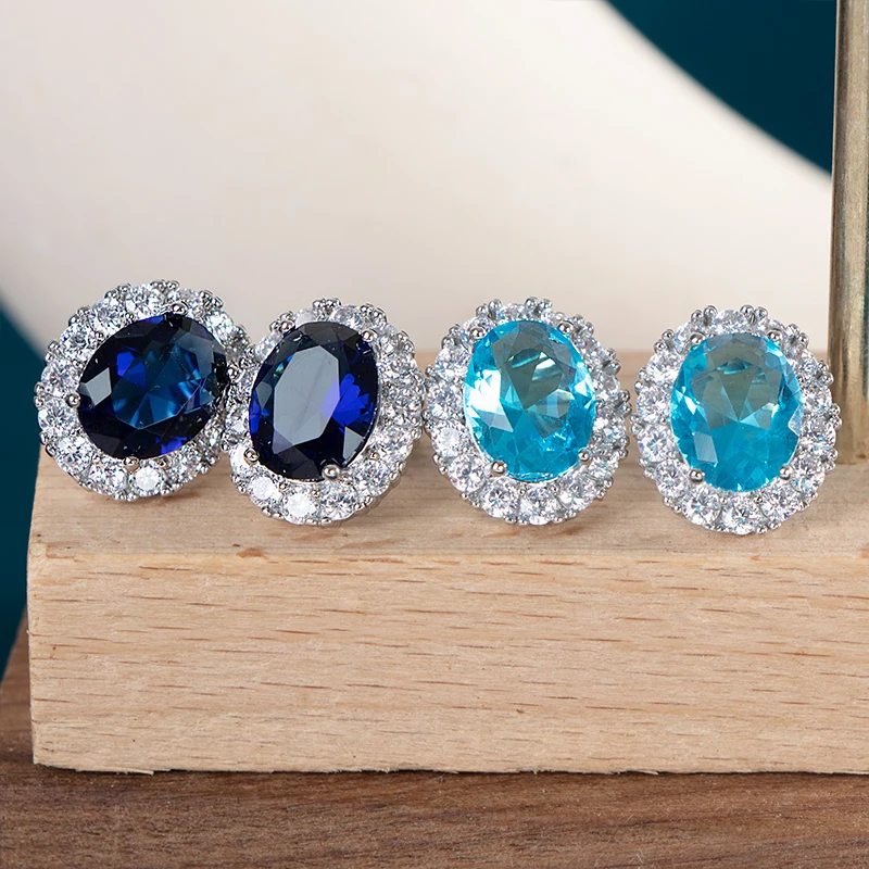 Cellacity Blue Green White Royal Blue Color Oval AAA Zircon Stud Earrings For Women Silver  Jewelry Elegant Charm Ear-studs