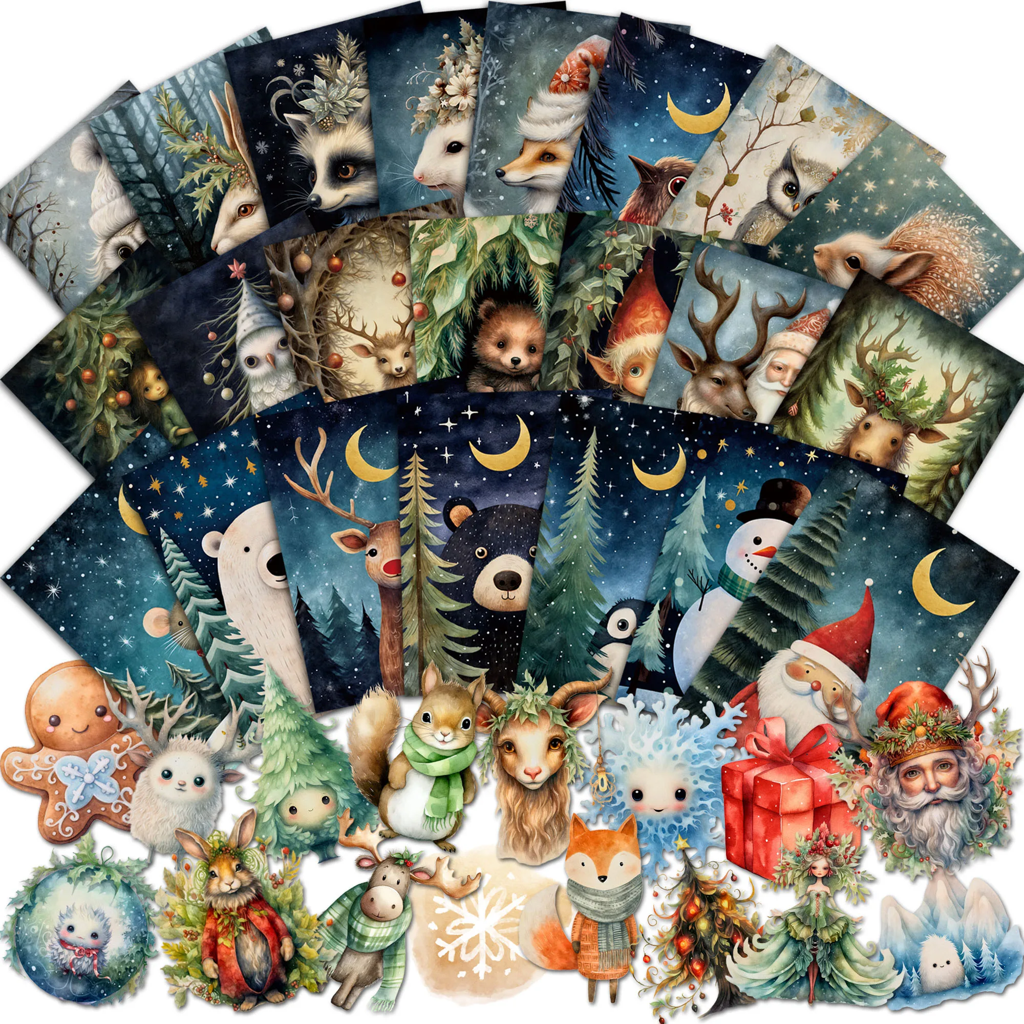 JAIIMAN52pieces(card+sticker) Moonlight Christmas DIY Decorative Thick Card Set,Perfect for Scrapbooking Supplies,Junk Journal