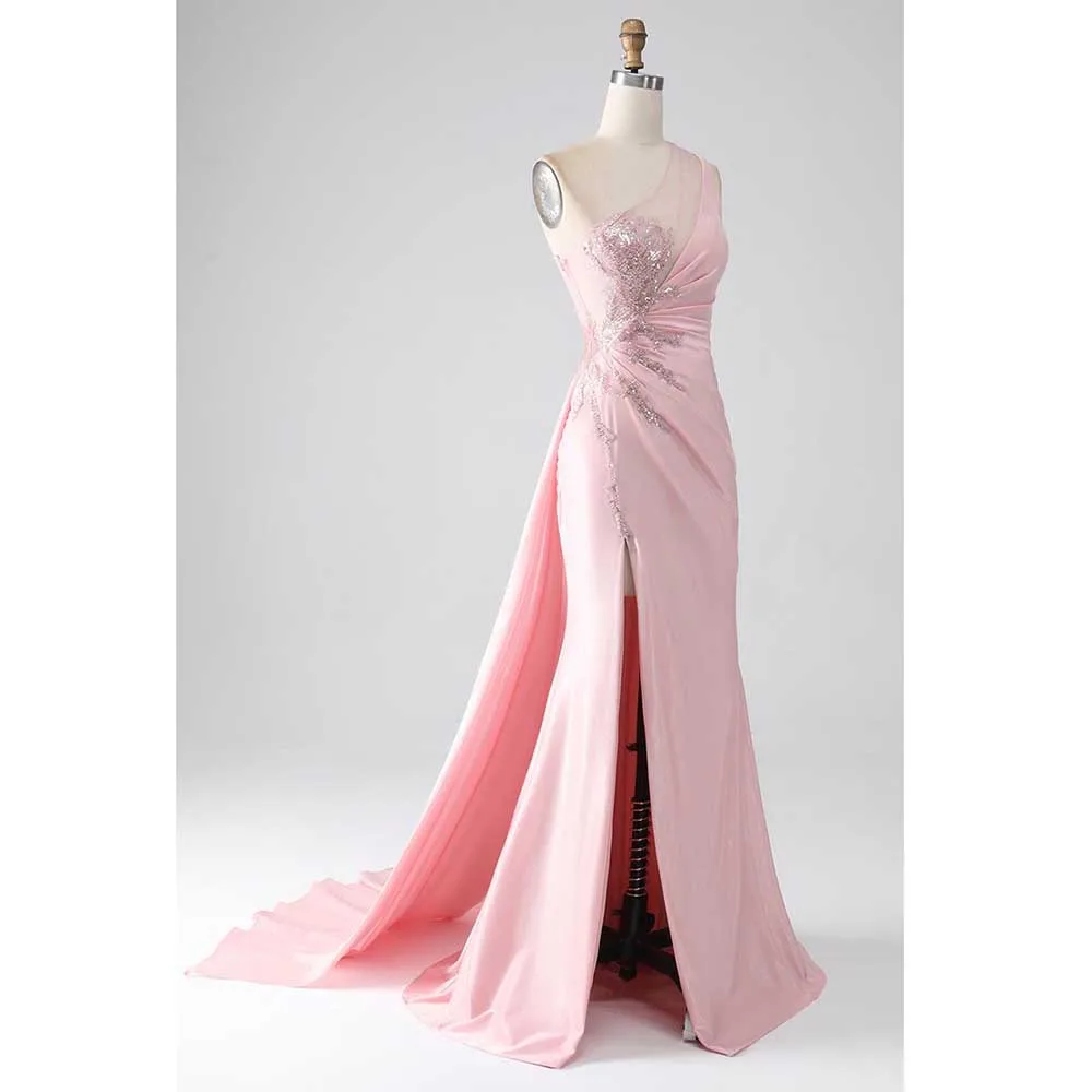 Brilhantes vestidos de baile de lantejoulas até o chão feminino, um ombro sem alças, divisão lateral sexy, vestidos de festa simples, rosa elegante