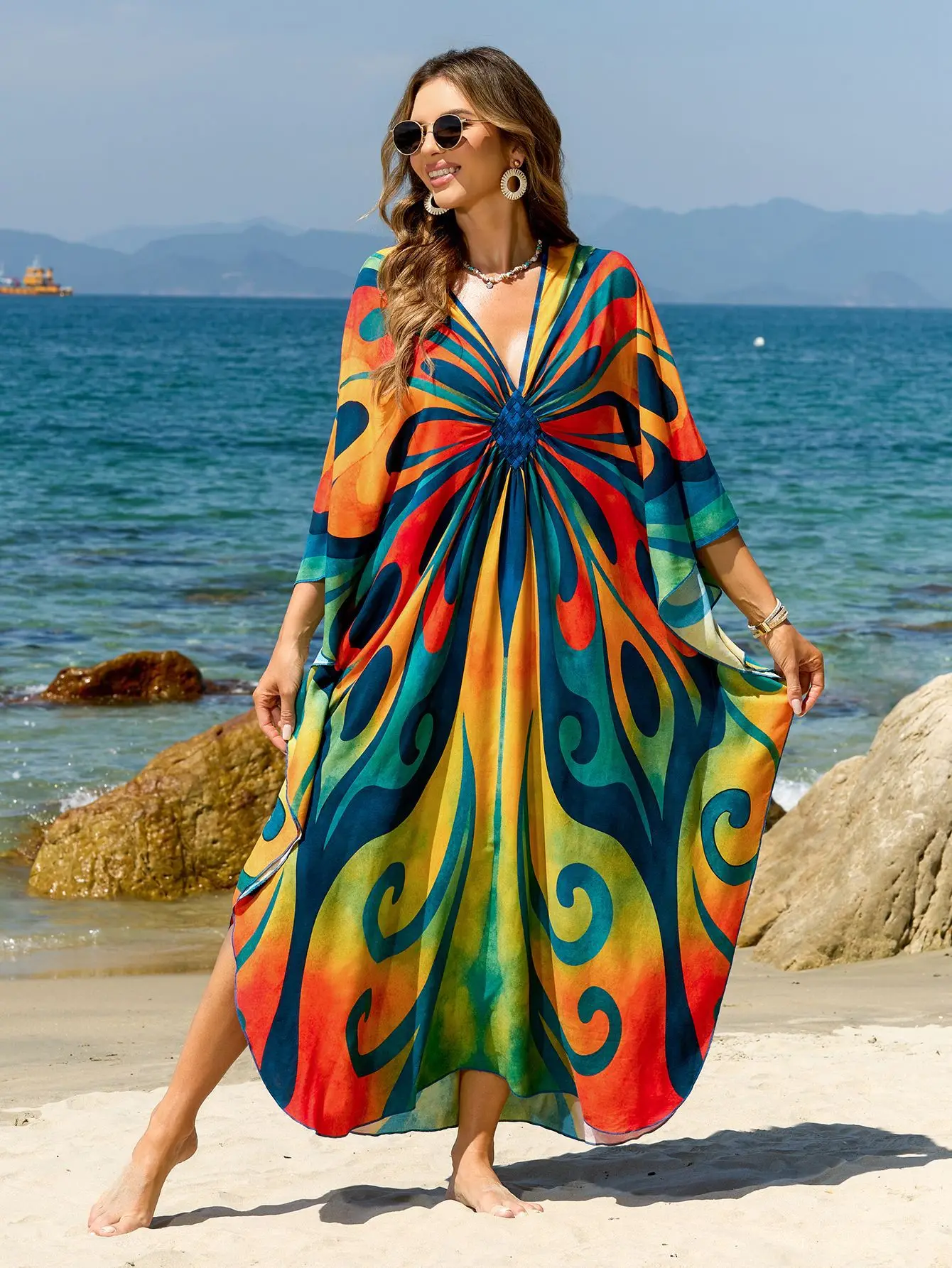 

Beach Kaftans for Women Butterfly Printed Cover Ups for Swimwear Maxi Dresses Summer Holiday Bathing Suits Dropshipping
