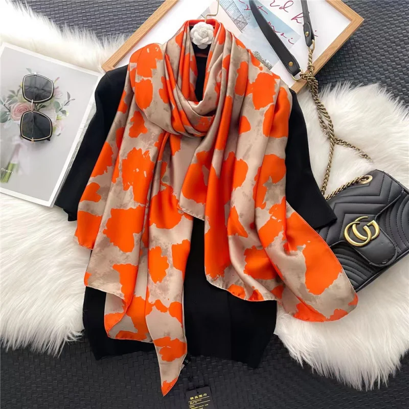 Spring, Summer, and Autumn New Chinese Flower Elegant Silk like Women\'s Shawl Sun Protection Beach Scarf