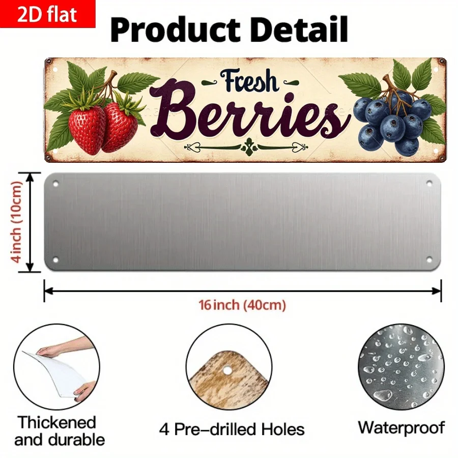 Vintage Metal Sign- Retro Fresh Berries& Juicy Fruits Wall Art with Strawberries, Blueberries, Raspberries- Rustic Kitchen, Cafe