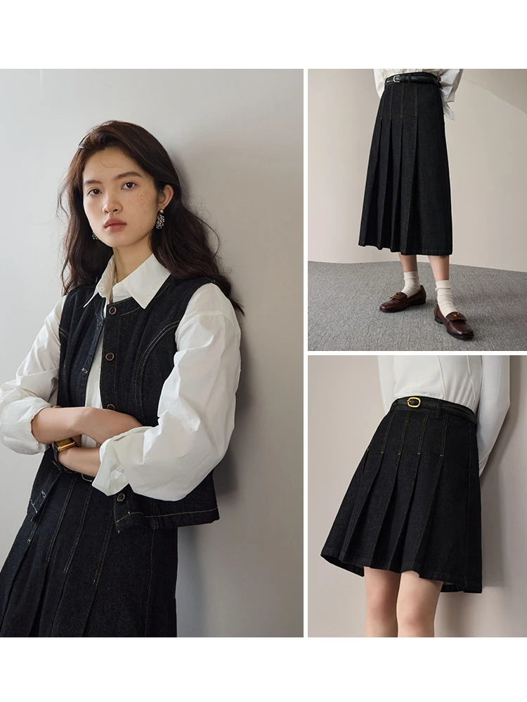 ZIQIAO Retro Fashionable Denim Suit for Female 2023 Autumn New High-waisted Half-body Skirt and Vest Two-piece Sets Women