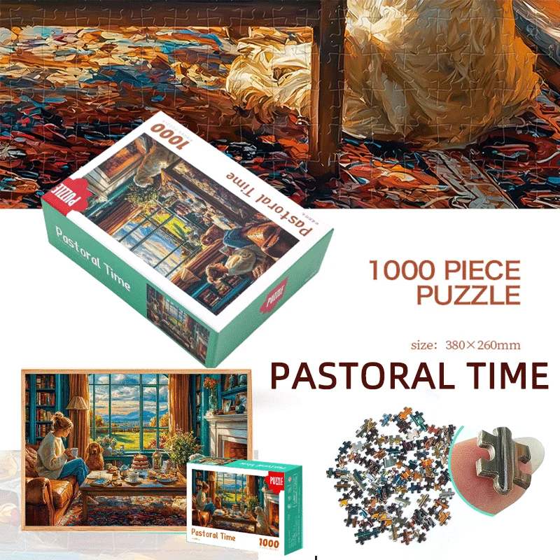 لغز صغير مكون من 1000 قطعة - لحظة مريحة للفتيات والكلاب (15 بوصة × 10 بوصة) - مقاس عالي الدقة، أقسام الحروف الخلفية، هدية مثالية لعيد الميلاد