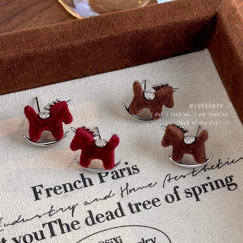 Premium Flocked Zircon Pony Drop Earrings Retro Lucky Year Unique Bohemian Sweet Winter for Women