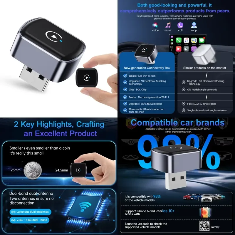 2026 Hot Sale Fuallwin Mini Size USB Car Play Dongle Carro Wireless Android Auto CarPlay Adapter Voiture for
